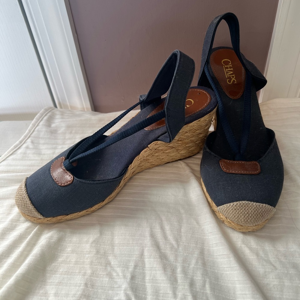 Chaps Dark Blue and Brown Espadrille Wedges